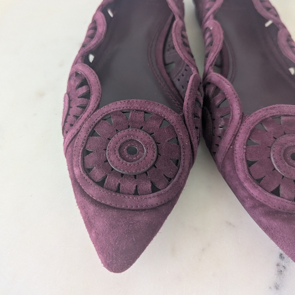 Tory Burch Leyla Burgundy Suede Laser Cut Pointed Toe Ballet Flats - Picture 6 of 11